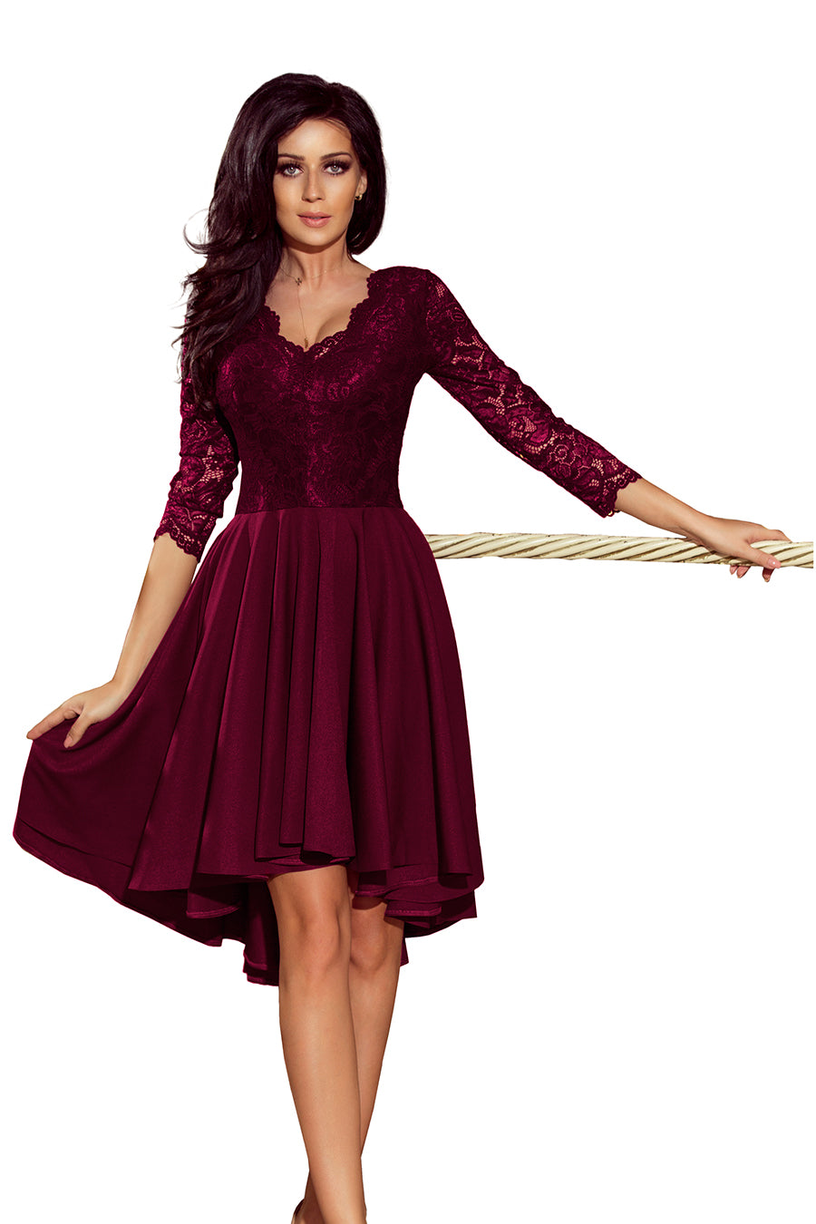 NICOLLE - dress with longer back with lace neckline - plum