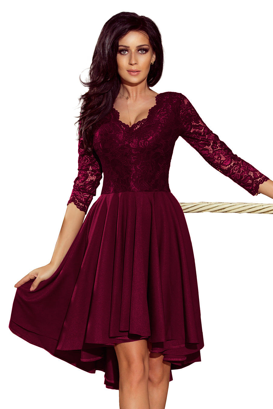 NICOLLE - dress with longer back with lace neckline - plum