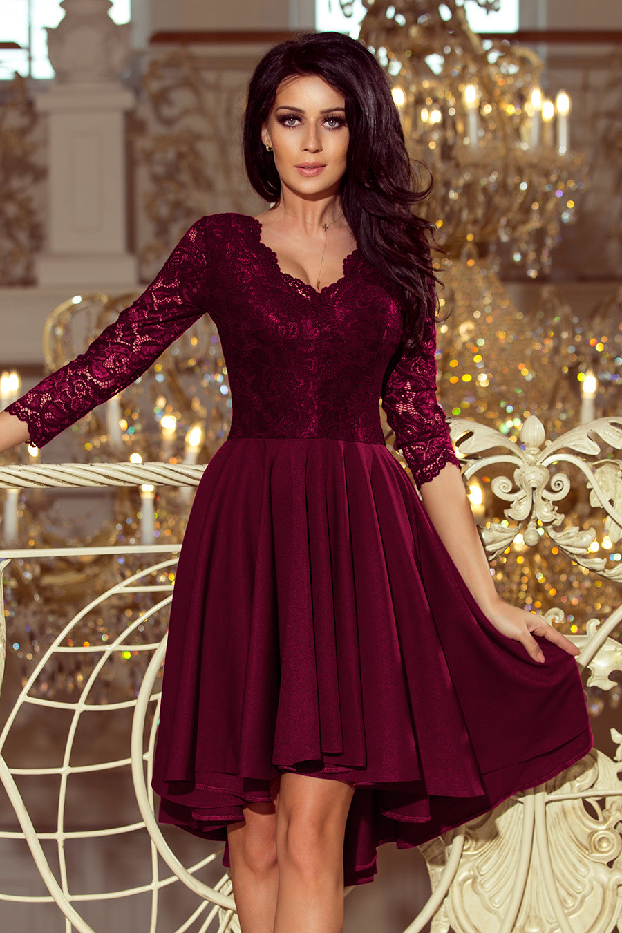 NICOLLE - dress with longer back with lace neckline - plum