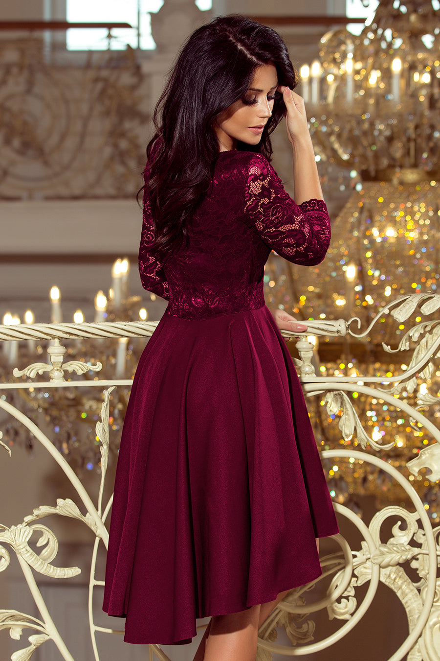 NICOLLE - dress with longer back with lace neckline - plum