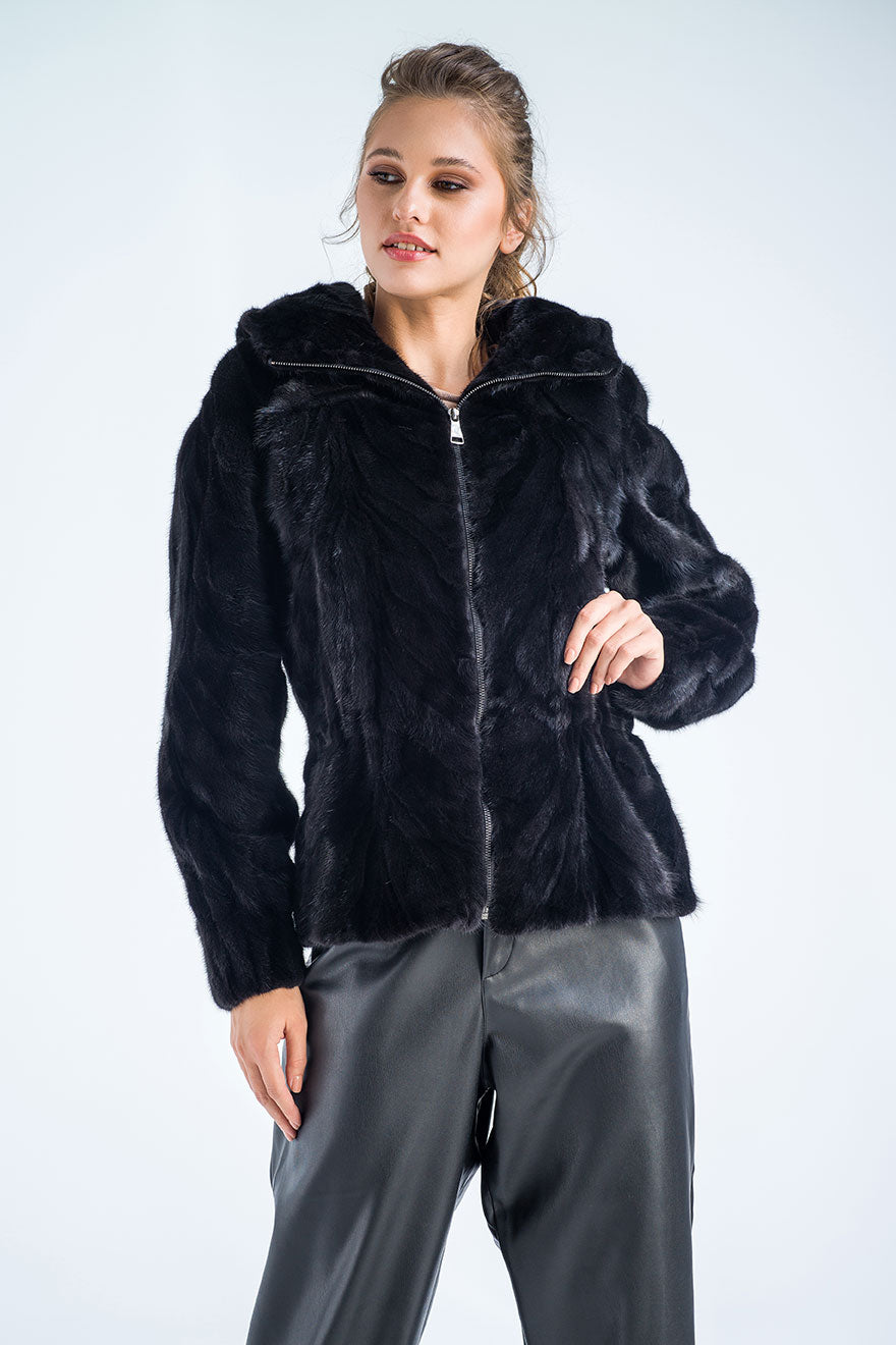 Mink Fur Hooded Jacket Black