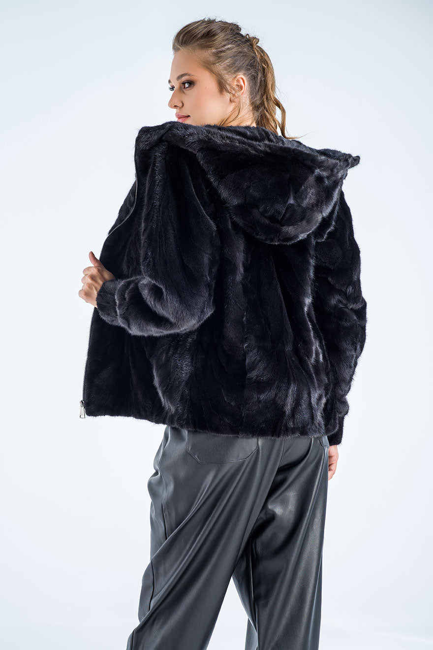 Mink Fur Hooded Jacket Black