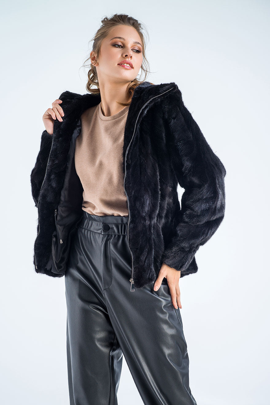 Mink Fur Hooded Jacket Black