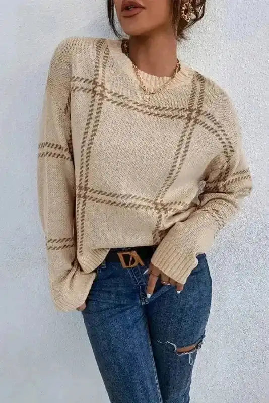 Khaki Plaid Knit Sweater