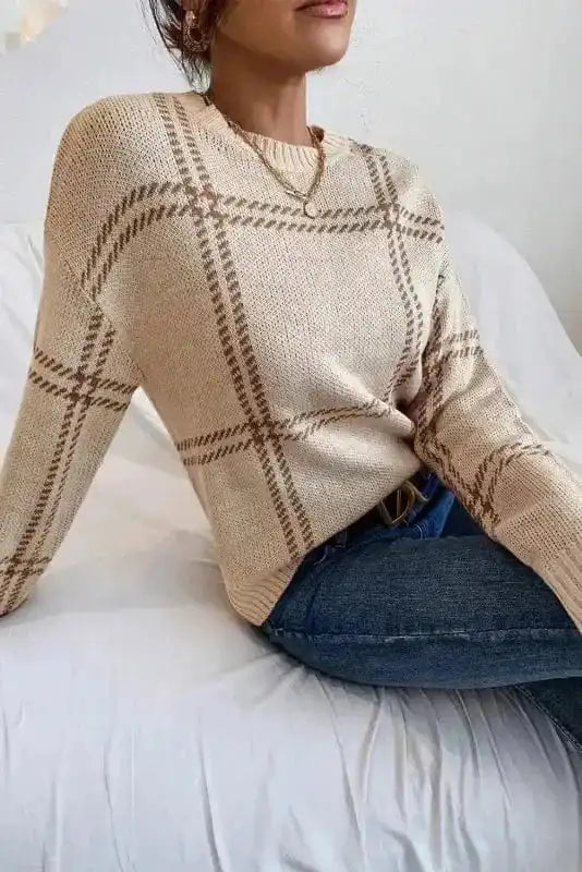 Khaki Plaid Knit Sweater