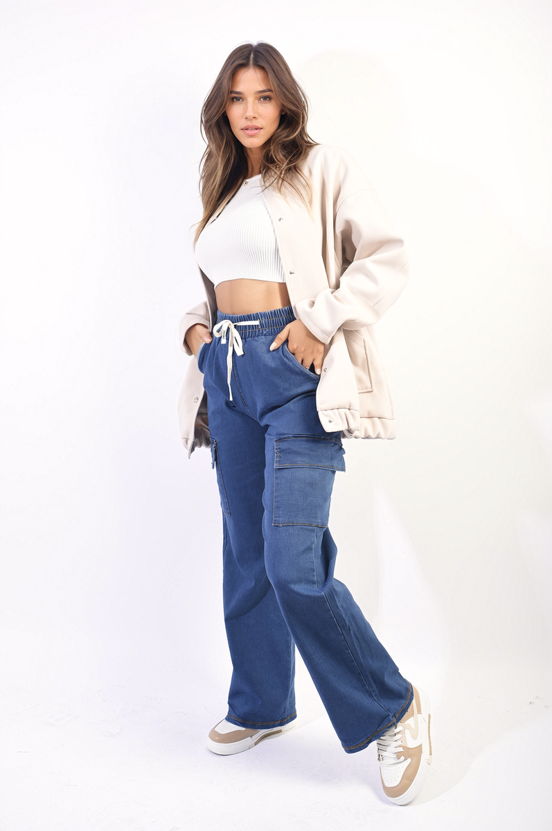 Drawstring Wide Leg Cargo Jeans